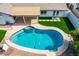 Aerial shot of a backyard oasis featuring a shimmering pool, lush turf, and a covered patio, designed for ultimate relaxation at 10836 N 108Th N Pl, Scottsdale, AZ 85259