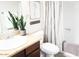 Bathroom featuring a shower with striped curtain, toilet, vanity, and stylish decor at 3500 N Hayden Rd # 2103, Scottsdale, AZ 85251