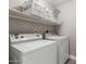 A laundry room area with a white washer and dryer and storage shelves above at 4002 E Melinda Ln, Phoenix, AZ 85050