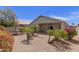 Private backyard featuring a patio, desert landscaping, a fountain, and mature landscaping with palm trees and flowering shrubs at 9032 W Sierra Pinta Dr, Peoria, AZ 85382