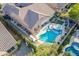 Aerial view of a landscaped backyard with a pool, spa, patio, and lush greenery at 10846 E Quartet Ave, Mesa, AZ 85212
