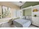 Cozy bedroom with built-in shelves, a comfortable bed, and plantation shutters at 4055 N Recker Rd # 82, Mesa, AZ 85215