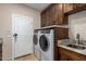 Bright laundry room with granite countertops, white washer and dryer, and white door at 7678 E Cactus Wren Rd, Scottsdale, AZ 85250