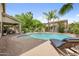 Gorgeous backyard pool and patio area featuring palm trees and vegetation. A great outdoor space at 824 E Chelsea Dr, San Tan Valley, AZ 85140