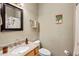 Cozy bathroom featuring a sink, toilet, towel rack, decorative mirror and artwork at 9653 E Sidewinder Trl, Scottsdale, AZ 85262