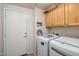 A practical laundry room features updated machines and ample storage cabinets for convenience at 9653 E Sidewinder Trl, Scottsdale, AZ 85262