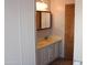 Double sink bathroom vanity with lots of storage, large mirror, and a wood door at 11596 W Sierra Dawn Blvd # 286, Surprise, AZ 85378