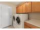Practical laundry room featuring modern appliances, and plenty of storage with the overhead cabinets at 7916 W Mary Ann Dr, Peoria, AZ 85382