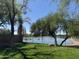 Serene backyard offers a tranquil waterfront view, enclosed by a secure fence, with lush lawn and trees at 2074 N 109Th N Ave, Avondale, AZ 85392
