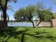 Beautiful backyard view featuring a lush lawn and peaceful waterfront with mature trees and secure fencing at 2074 N 109Th N Ave, Avondale, AZ 85392