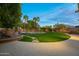 Expansive backyard features lush lawn, decorative rock, mature trees, string lights, and hardscape at 4223 N St Elias --, Mesa, AZ 85215