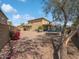 Large backyard with a trampoline, desert landscaping, mature tree, and flowering shrubs at 13637 W Port Royale Ln, Surprise, AZ 85379