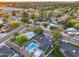 An aerial view displays backyard pools and verdant landscaping across a peaceful residential neighborhood at 1609 W State Ave, Phoenix, AZ 85021