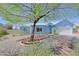 Exterior view showcasing the light blue home, desert landscaping, mature trees, and inviting curb appeal at 16256 N 64Th Pl, Scottsdale, AZ 85254