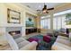 Inviting living room featuring a cozy fireplace, stylish decor, and ample natural light for comfortable living at 20609 N Canyon Whisper Dr, Surprise, AZ 85387