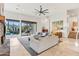 Spacious living room featuring a stone fireplace, plush seating, and seamless outdoor access at 38199 N Tranquil Way, Carefree, AZ 85377