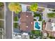 Bird's-eye view of a backyard with a swimming pool, putting green, gazebo, and low-maintenance landscaping at 5975 E Larkspur Dr, Scottsdale, AZ 85254