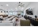 Bright living space with fireplace, modern furniture, vaulted ceilings, and easy access to the kitchen at 5975 E Larkspur Dr, Scottsdale, AZ 85254