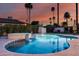 Sparkling pool and spa surrounded by lush landscaping and towering palm trees at sunset at 5975 E Larkspur Dr, Scottsdale, AZ 85254