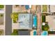 Overhead aerial view features a rectangular pool and patio, green lawns, and neighboring rooftops at 8229 E Devonshire Ave, Scottsdale, AZ 85251