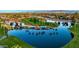 Stunning aerial view of a community pond with palm trees and meticulously maintained landscaping at 15516 W Verde Ln, Goodyear, AZ 85395