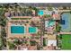 Aerial of the community pools, waterpark and sports courts at 3842 E Alameda Ln, Gilbert, AZ 85298