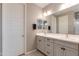 Modern bathroom features a double sink vanity with neutral cabinets and a large mirror at 11738 S 173Rd Ln, Goodyear, AZ 85338