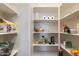 Walk-in pantry with white shelving for storing groceries and household items at 11738 S 173Rd Ln, Goodyear, AZ 85338