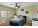 Cozy bedroom featuring a twin bed, dark ceiling fan and light green walls and wood look floors at 1515 E Saratoga Ct, Gilbert, AZ 85296