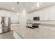 An open kitchen with white cabinets, stainless steel appliances, and a large granite countertop island at 24356 W La Salle St, Buckeye, AZ 85326