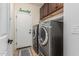 Convenient laundry room with front load washer and dryer, storage cabinets and a door to the exterior at 1322 W Spur Dr, Phoenix, AZ 85085
