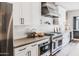 Modern kitchen with professional grade stainless steel appliances, white cabinets, and gray countertops at 10266 E Caron St, Scottsdale, AZ 85258
