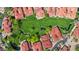 Aerial view of a beautiful neighborhood featuring homes with red tile roofs, green landscaping, and a winding stream at 7701 E Golden Eagle Cir, Gold Canyon, AZ 85118