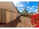 Side yard with a small storage shed, decorative rock and red flowers at 16496 N 68Th Ave, Peoria, AZ 85382