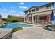 Rear exterior view showing a pool and covered patio perfect for outdoor entertainment and relaxation at 9843 E Acacia Dr, Scottsdale, AZ 85260