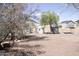 Large gravel backyard featuring mature landscaping, storage sheds, and a covered parking area at 1849 S 225Th Dr, Buckeye, AZ 85326