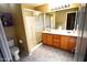 Well-lit bathroom featuring double sinks, wood cabinets, and a glass-enclosed shower at 1384 E Las Colinas Dr, Chandler, AZ 85249