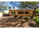 A lush backyard with a covered patio, desert landscaping, and mature trees for shade and privacy at 16906 W Palm Ln, Goodyear, AZ 85395