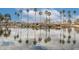 Scenic view of a pond with a waterfall and palm trees creating a relaxing and tropical atmosphere at 16906 W Palm Ln, Goodyear, AZ 85395