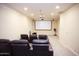 Home theater with large projector screen and tiered seating for a cinematic viewing experience at 3306 E Jaeger Cir, Mesa, AZ 85213