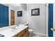 Well-lit bathroom featuring a single sink, vanity with natural wood cabinets, and a large mirror at 3411 S Vine St, Chandler, AZ 85248
