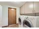 Laundry room featuring a washer, dryer, storage cabinets, and tile flooring at 514 E Vaughn Ave, Gilbert, AZ 85234