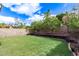 Green backyard has a block fence and mature landscaping with trees and a well-maintained lawn at 11243 E Jenan Dr, Scottsdale, AZ 85259
