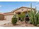 Attractive one-story home featuring a well-maintained front yard with desert landscaping and decorative elements at 318 E Taylor Trl, San Tan Valley, AZ 85143