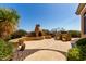 Backyard boasts custom outdoor fireplace, built-in barbecue, and decorative plants at 42145 N Fairgreen Ct, Anthem, AZ 85086