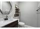 Nicely appointed bathroom includes modern vanity, toilet, decorative shelves, and a stylish framed mirror at 3841 E Patrick Ln, Phoenix, AZ 85050