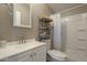 Clean bathroom featuring a white vanity, toilet, and shower with shelving unit at 10951 N 91St Ave # 32, Peoria, AZ 85345