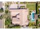 Overhead view of a residence showcasing a pool, pergola, manicured lawn, and tennis court at 17673 E Bronco Dr, Queen Creek, AZ 85142