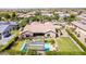 Expansive aerial view of a home with a luxurious pool, pergola, lush lawn, and a tennis court at 17673 E Bronco Dr, Queen Creek, AZ 85142