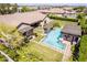 Stunning aerial shot of a backyard pool with pergola, well-maintained lawn, and lush landscaping at 17673 E Bronco Dr, Queen Creek, AZ 85142